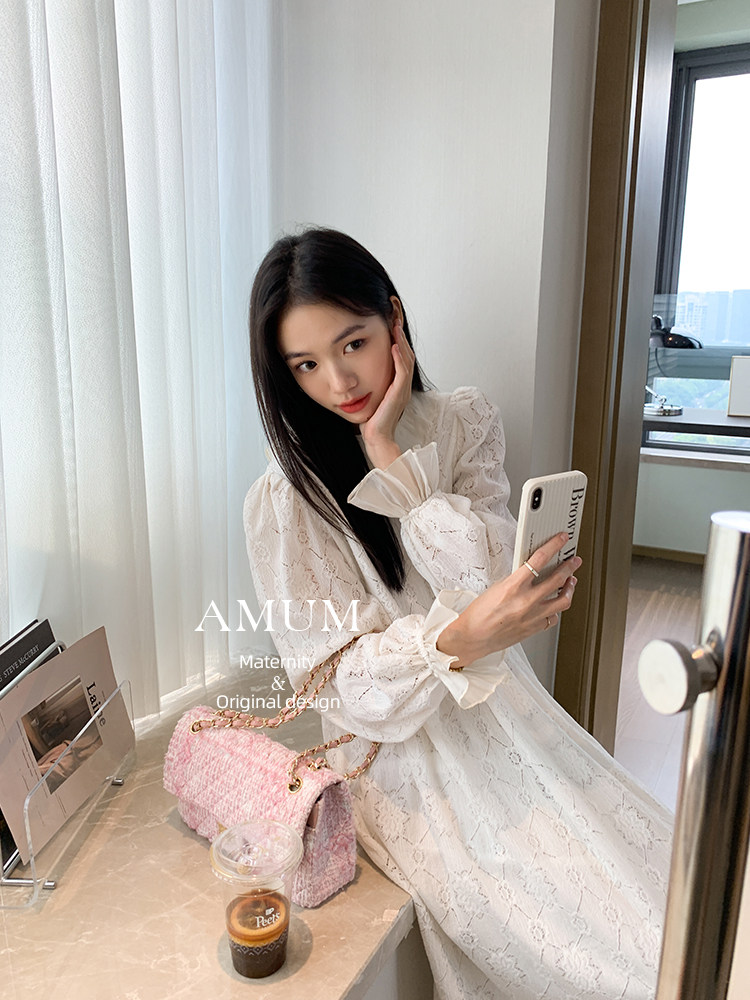 ◆AMUM孕妇装◆罗曼蒂~镂空蕾丝温柔小白裙木耳拼接领口气质长裙