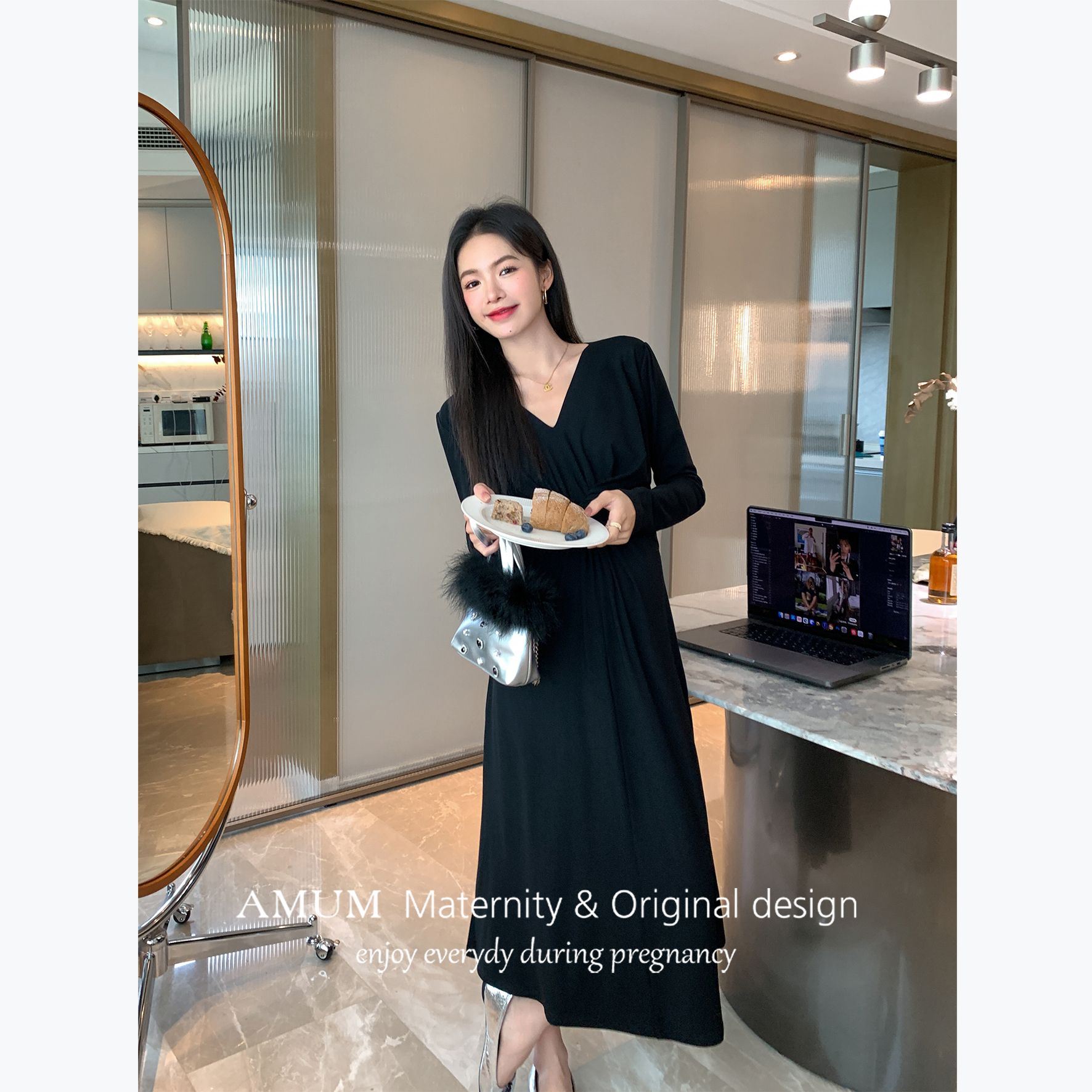 ◆AMUM孕妇装◆都市日记~V领交叉收腰纯欲高级黑色针织打底连衣裙