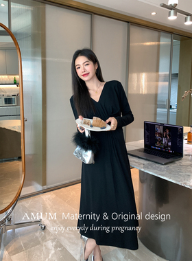 ◆AMUM孕妇装◆都市日记~V领交叉收腰纯欲高级黑色针织打底连衣裙