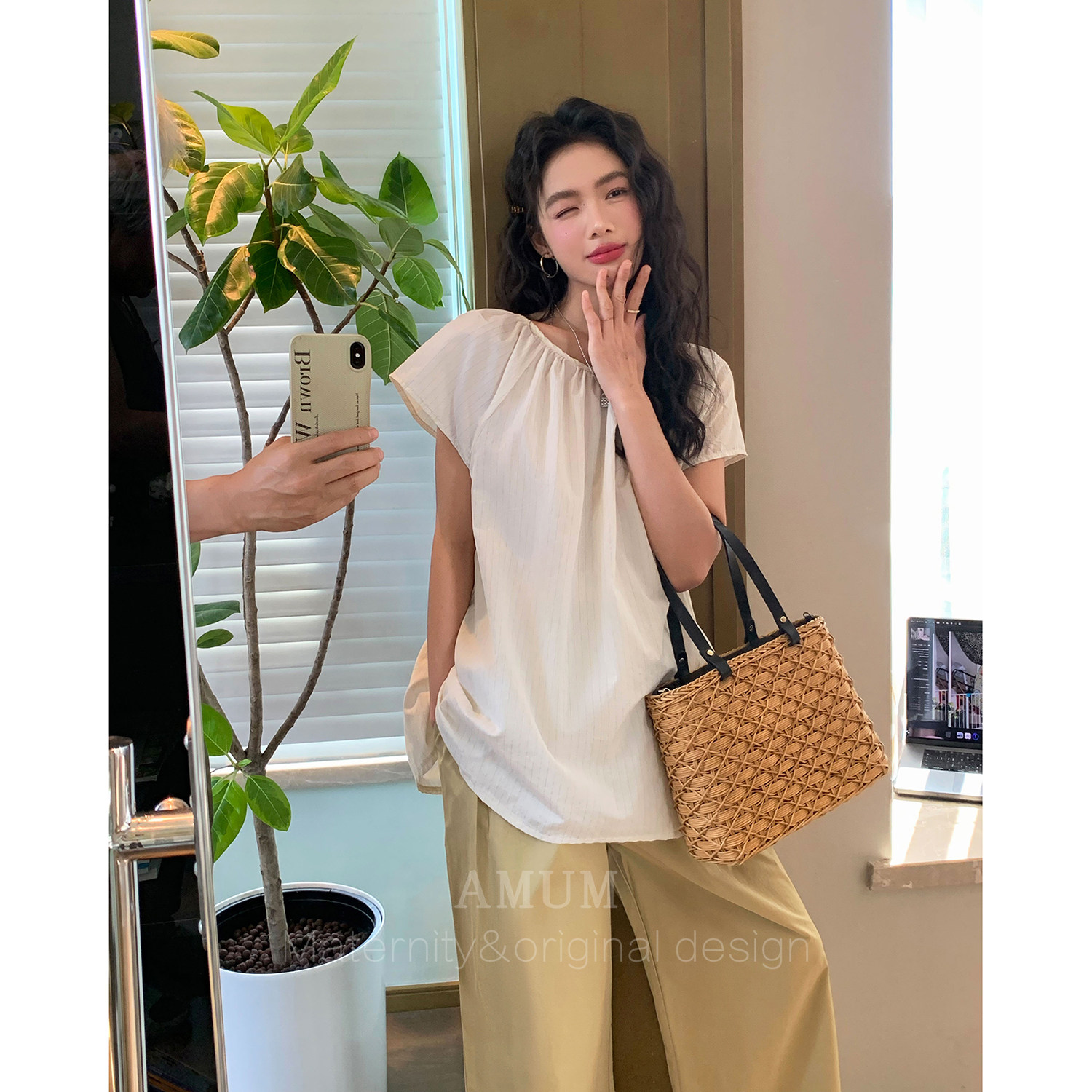 ◆AMUM孕妇装◆清爽夏日~松弛条纹圆领上衣宽松透气松弛短袖小衫