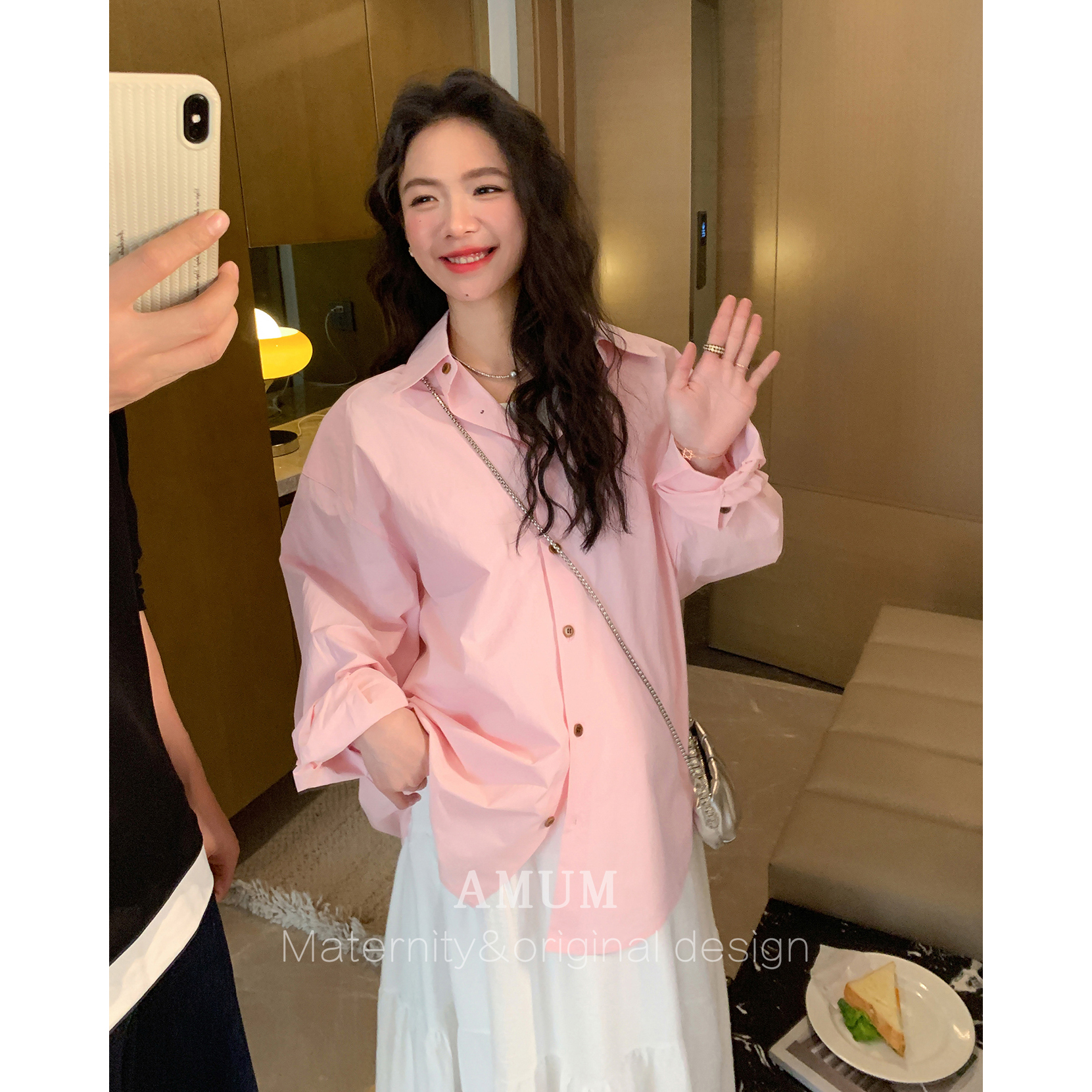 ◆AMUM孕妇装◆姐系美学~法式休闲宽松衬衫基础秋装气质粉上衣
