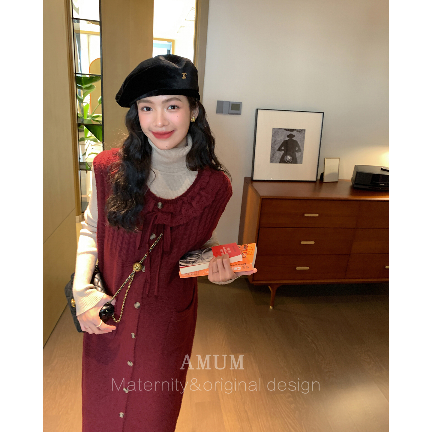 ◆AMUM孕妇装◆圣诞前奏~韩版红色复古花边圆领叠穿针织背心裙