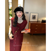 韩版 圣诞前奏 红色复古花边圆领叠穿针织背心裙 AMUM孕妇装