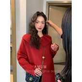 法式 新年穿搭 翻领红色喜庆毛衣裙宽松针织连衣裙 AMUM孕妇装