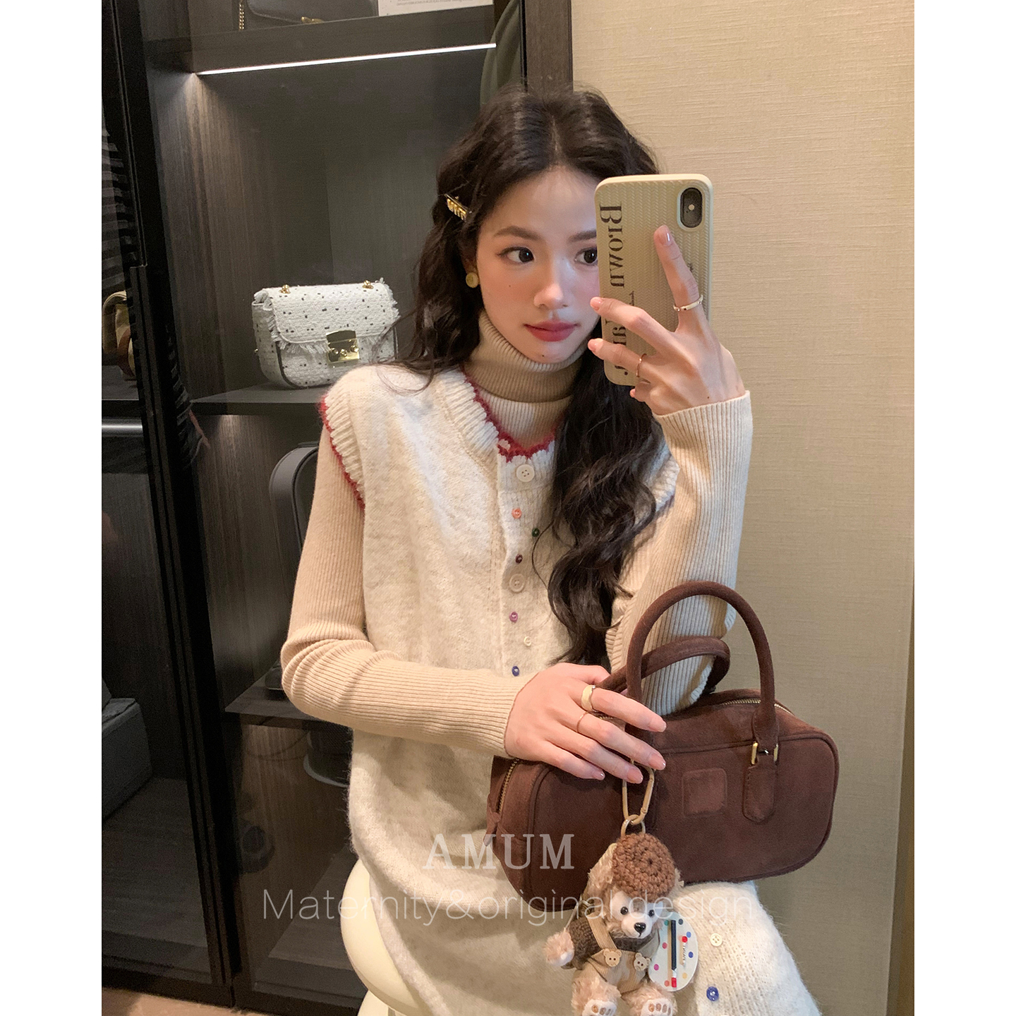 ◆AMUM孕妇装◆彩虹糖~设计款撞色彩扣叠穿宽松无袖针织背心裙