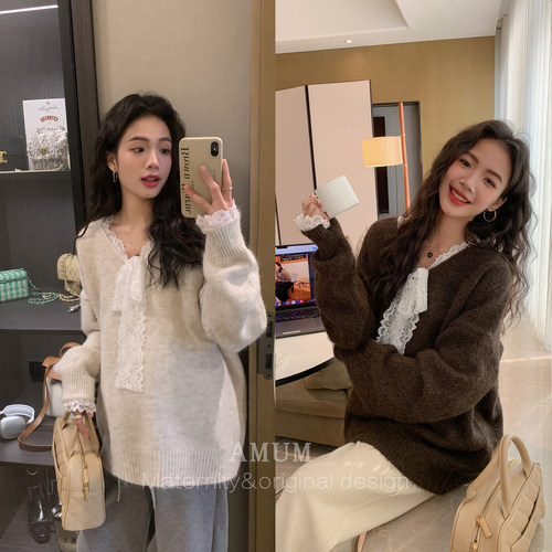 孕妇装蕾丝蝴蝶结拼接毛衣