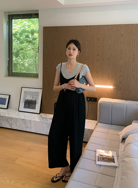 ◆AMUM孕妇装◆时髦精~黑色休闲直筒宽松阔腿裤吊带显瘦连体裤