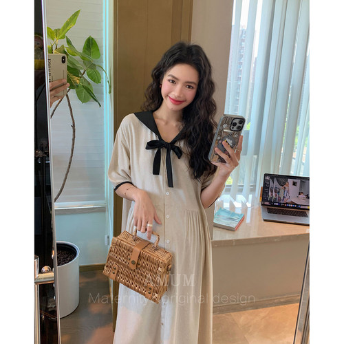 ◆AMUM孕妇装◆大航海家~甜美田园清新海军领减龄棉麻宽松连衣裙