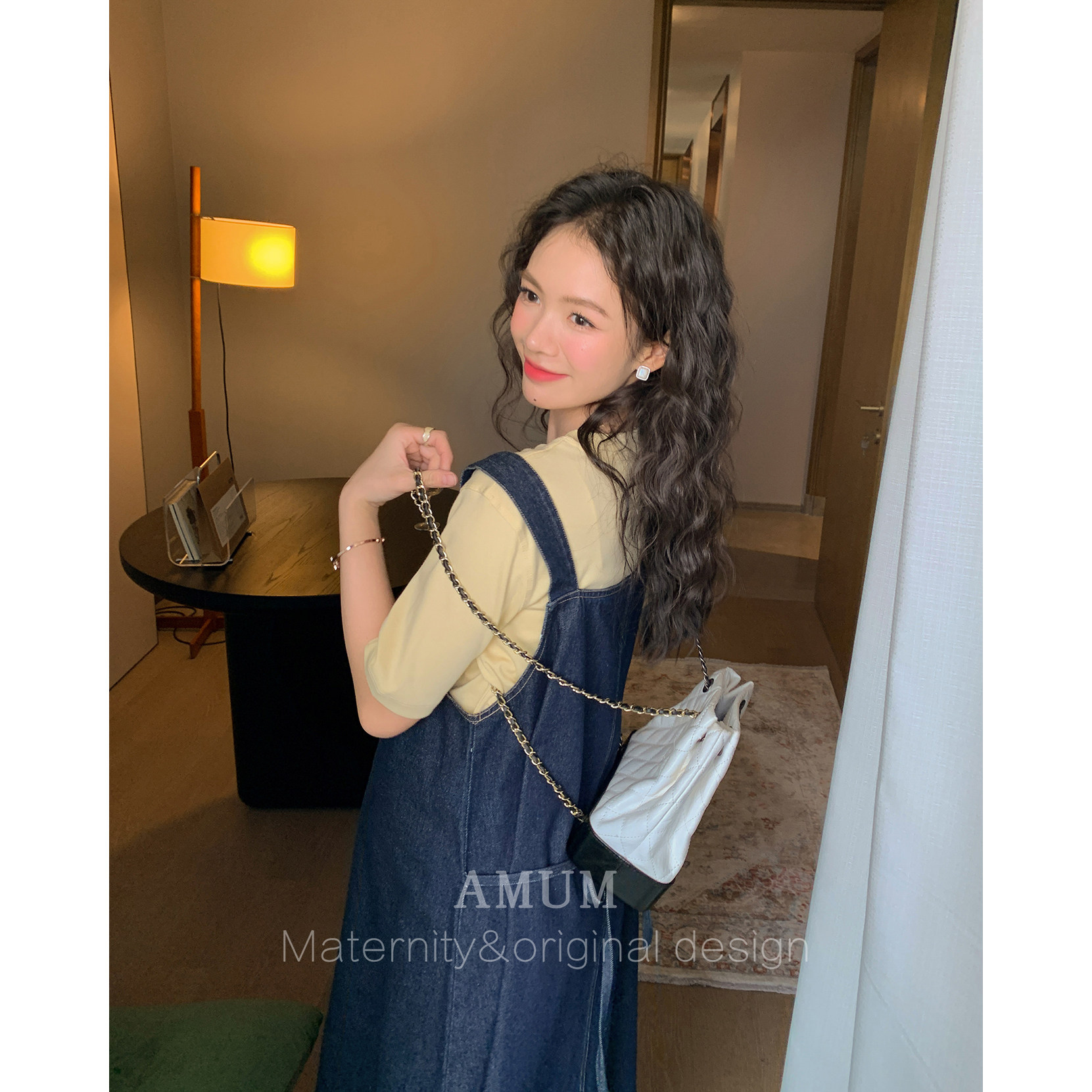 ◆AMUM孕妇装◆夏日元气~牛仔背带裙甜美复古休闲减龄中长连衣裙