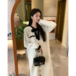 法式 千金感 撞色系带毛衣裙小香风针织宽松连衣裙 AMUM孕妇装