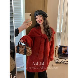 三色老钱风针织宽松毛衣打底上衣含披肩 松弛新贵 AMUM孕妇装