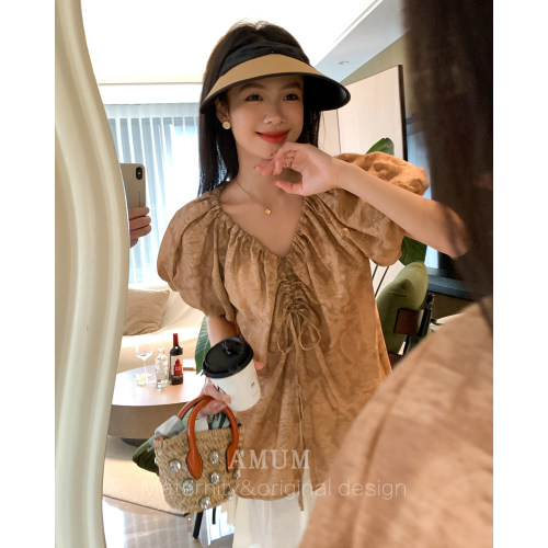 ◆AMUM孕妇装◆枯染茶调~新中式印染天丝V领抽绳衬衫泡泡袖上衣