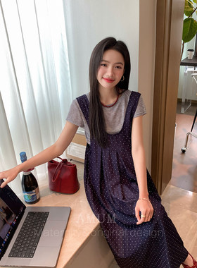 ◆AMUM孕妇装◆蓝宝石海湾~复古甜美藏青波点叠穿休闲少女背心裙