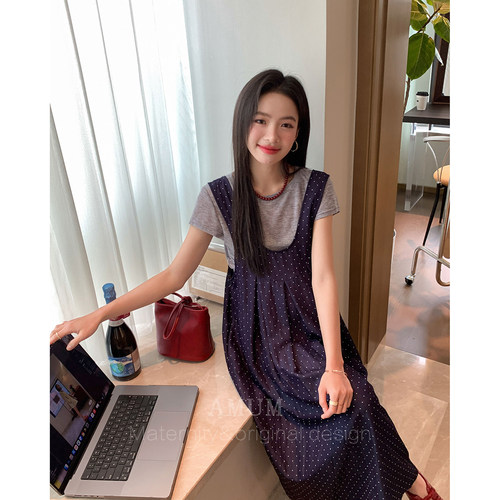 ◆AMUM孕妇装◆蓝宝石海湾~复古甜美藏青波点叠穿休闲少女背心裙