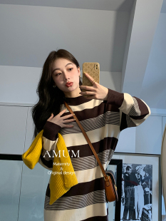 条纹针织圆领长袖 简约休闲气质 秋冬基调 连衣裙 AMUM孕妇装