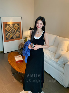 ◆AMUM孕妇装◆夏日封神~无袖气质假两件背心裙显瘦三色打底长裙