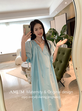 ◆AMUM孕妇装◆海盐味的夏天~蓝色V领系带显白泡泡袖宽松连衣裙