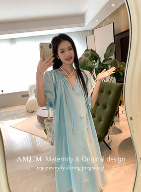 ◆AMUM孕妇装◆海盐味的夏天~蓝色V领系带显白泡泡袖宽松连衣裙