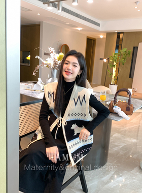 ◆AMUM孕妇装◆狗狗图鉴~复古提花V领针织马甲秋季宽松叠穿毛衣