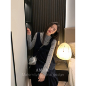灰色波点内搭叠穿藏青色灯芯绒大蝴蝶结减龄背心裙 AMUM孕妇装