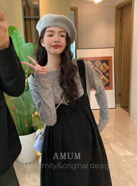 ◆AMUM孕妇装◆简约西部女孩~软软波点韩系黑色减龄显瘦背带裙春