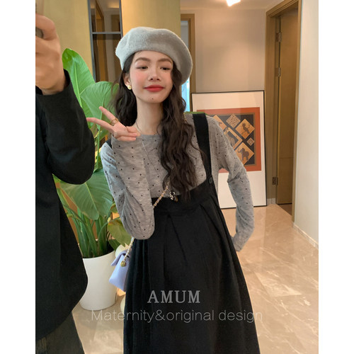 ◆AMUM孕妇装◆简约西部女孩~软软波点韩系黑色减龄显瘦背带裙春