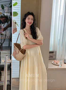 ◆AMUM孕妇装◆柠檬汽水~淡黄色法式复古宽松泡泡袖连衣裙夏新款