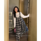 日系复古小清新花白格纹a字背带连衣裙 奥利奥派对 AMUM孕妇装