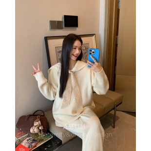 秋冬海军领条纹领结毛衣针织阔腿裤 酥软系列 套装 AMUM孕妇装