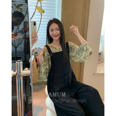 ◆AMUM孕妇装◆绿岛长夏~法式碎花宽松上衣垮垮宽松垂感背带裤