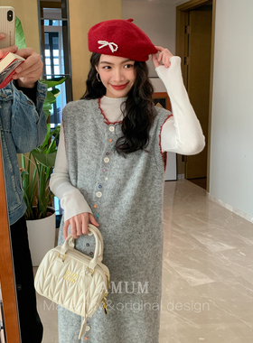 ◆AMUM孕妇装◆秋冬开场白~秋冬减龄彩虹扣背心裙叠穿针织连衣裙