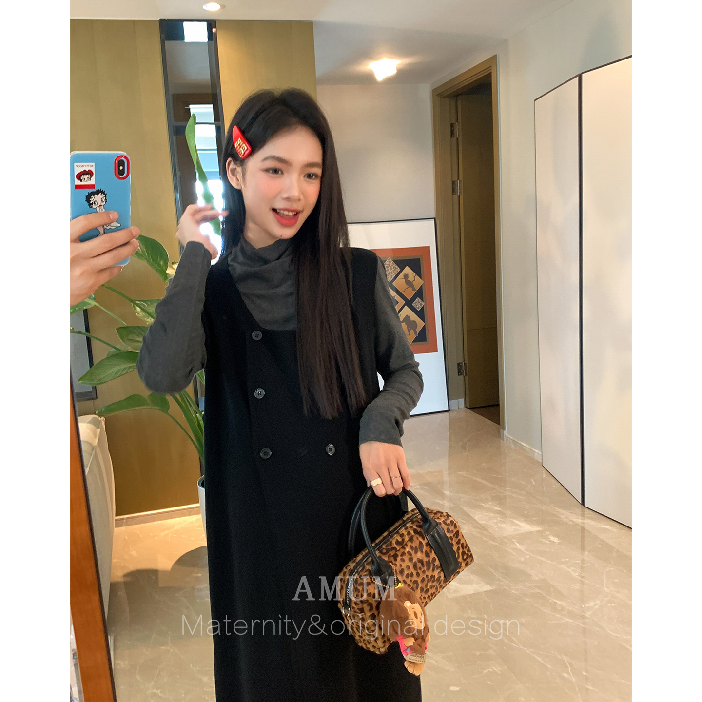 ◆AMUM孕妇装◆旧时尚美学~高智感双排扣针织叠穿显瘦背心连衣裙