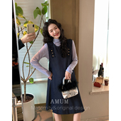 复古文艺圆领无袖 乖乖miu少女 宽松深蓝叠穿背心裙 AMUM孕妇装
