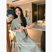 V领格纹系带泡泡袖 费南雪 法式 连衣裙休闲度假长裙 AMUM孕妇装