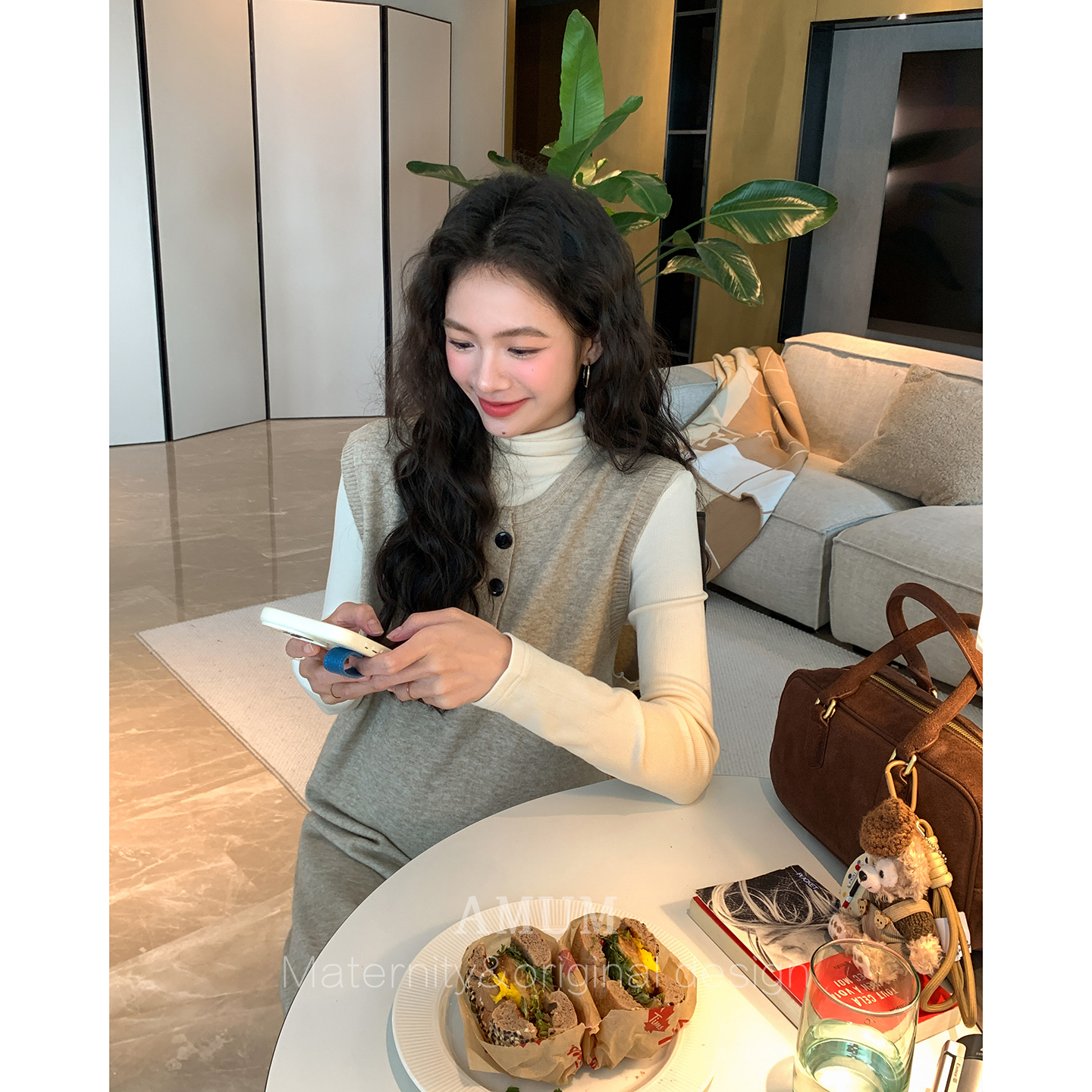 ◆AMUM孕妇装◆暖冬燕麦奶~温柔无袖针织背心裙叠穿冬日显瘦长裙