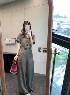 老阿姨studio-25夏季新品设计师正品绿色亚麻连体裤