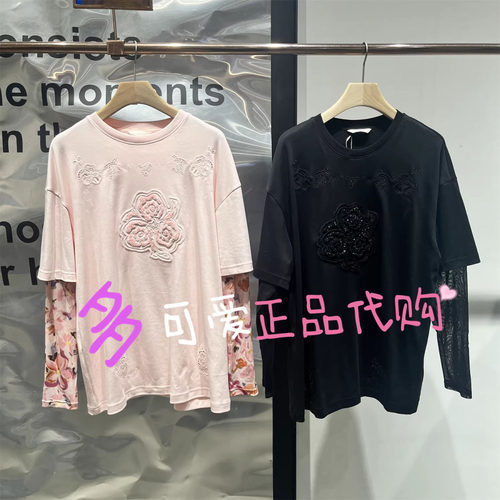 播T恤2026春季BDT1YD1232新款绣花假两件宽松上衣停栖树梢的白鹭