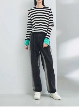 设计款拼色露肩条纹纯羊绒长袖针织