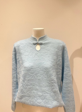 新中式浮雕花纹刺绣盘扣国风羊绒衫可换色