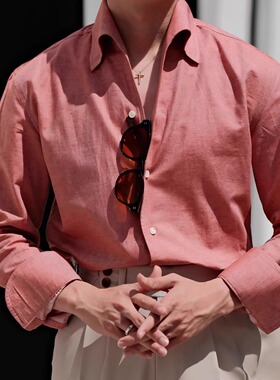 SEEKMITED意式长袖一片领休闲西柚橙衬衫夏季棉麻瀑布袖男衬衣
