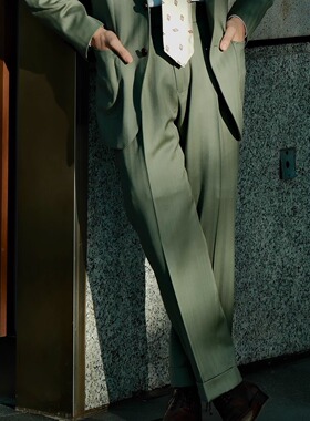 SEEKMITED 意式绿色人字纹西裤那不勒斯高腰九分裤绅士男裤子