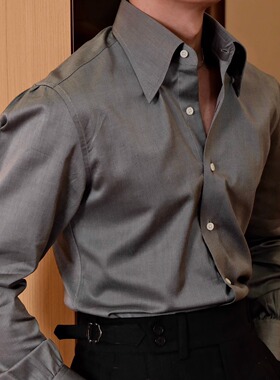 SEEKMITED铅笔灰长尖领瀑布袖休闲衬衫纯棉小众高级意式商务衬衣