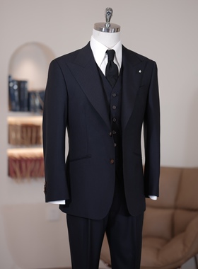 SEEKMITED藏蓝色暗纹羊毛枪驳领婚礼西服商务正装半麻衬结婚西装