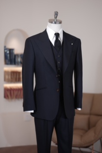 SEEKMITED藏蓝色暗纹羊毛枪驳领婚礼西服商务正装半麻衬结婚西装