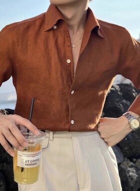 SEEKMITED意式一片领亚麻衬衣男长袖橘色休闲燕子领衬衫多色可选