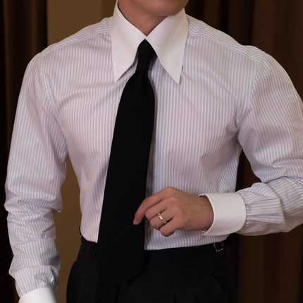 SEEKMITED紫色条纹长尖领瀑布袖衬衫纯棉小众高级意式邦德袖衬衣