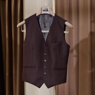 SEEKMITED栗棕红单排扣羊毛法兰绒西装马甲商务通勤v领内搭马甲