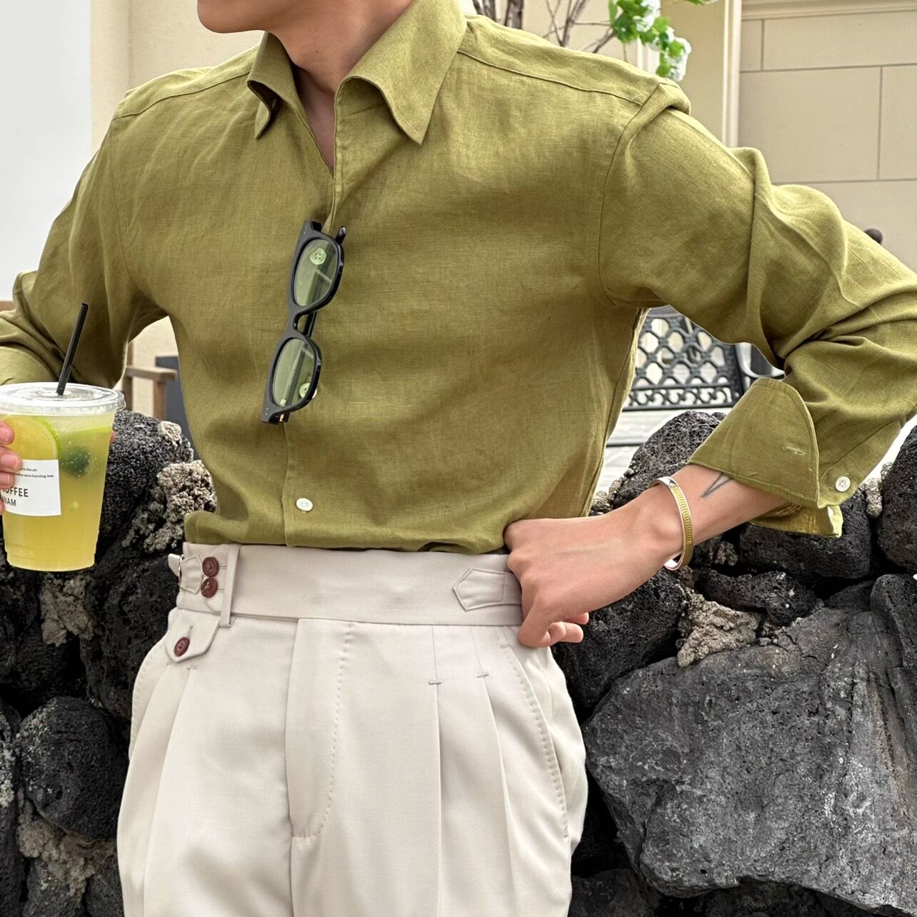 SEEKMITED亚麻休闲时尚长袖一片领男衬衫芥末绿牛油果色纯色衬衣
