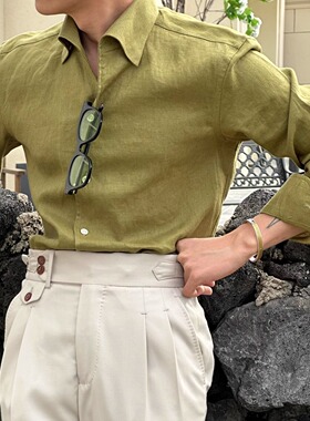 SEEKMITED亚麻休闲时尚长袖一片领男衬衫芥末绿牛油果色纯色衬衣
