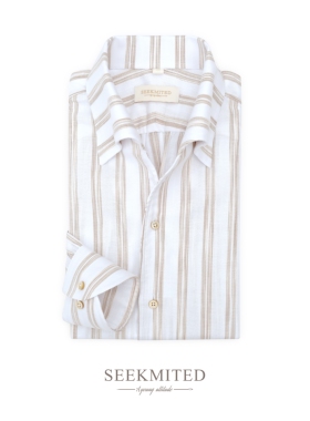 SEEKMITED奶茶条纹意式瀑布袖一片领纯棉衬衫轻奢新贵老钱风衬衣